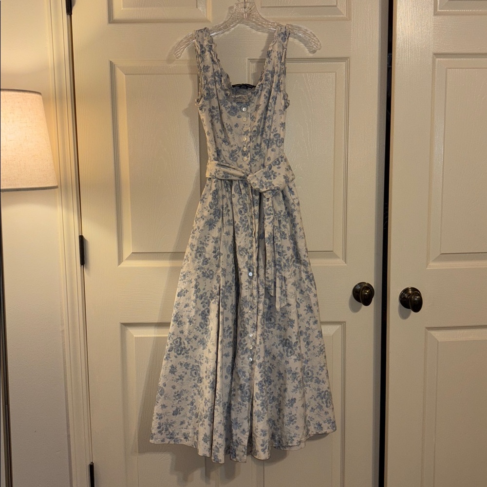 vintage RALPH LAUREN cotton blue white floral long sleeveless summer dress - Picture 3 of 6
